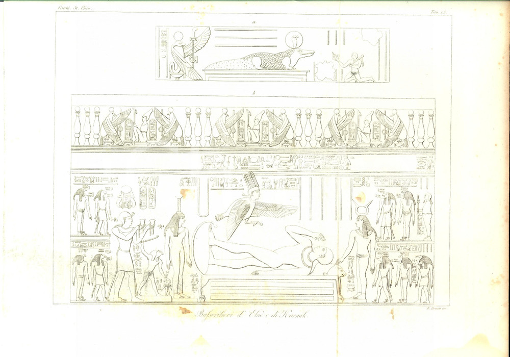 Stampa, bozzetto originale 1845 Cesare CANTU  Bassorilievi Elnè e Karnak Stampa da Storia Universale 1