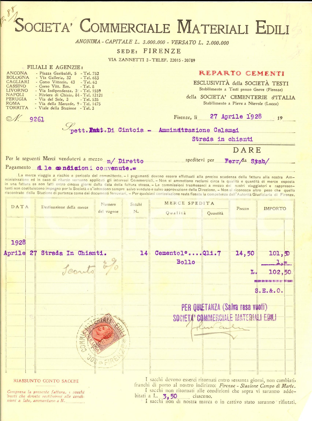 Documento originale, autentico 1928 FIRENZE SocietÃ  Commerciale Materiali Edili Fattura intestata per lavori 1