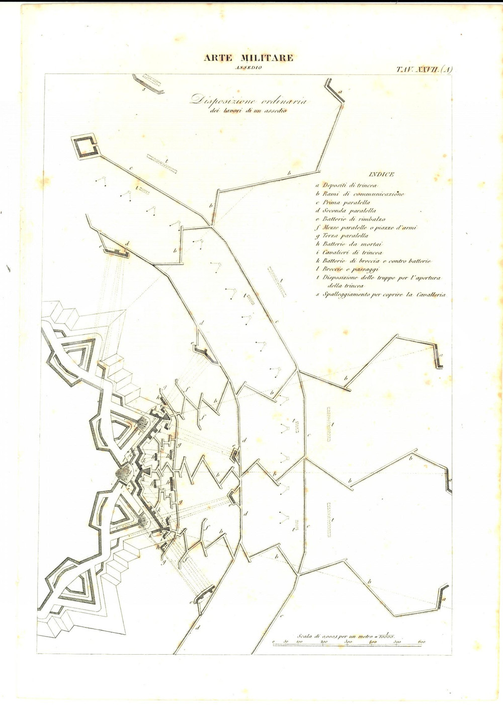 Stampa, bozzetto originale 1850 ca ARTE MILITARE Disposizione dei lavori di un assedio Stampa 20x30 cm 1