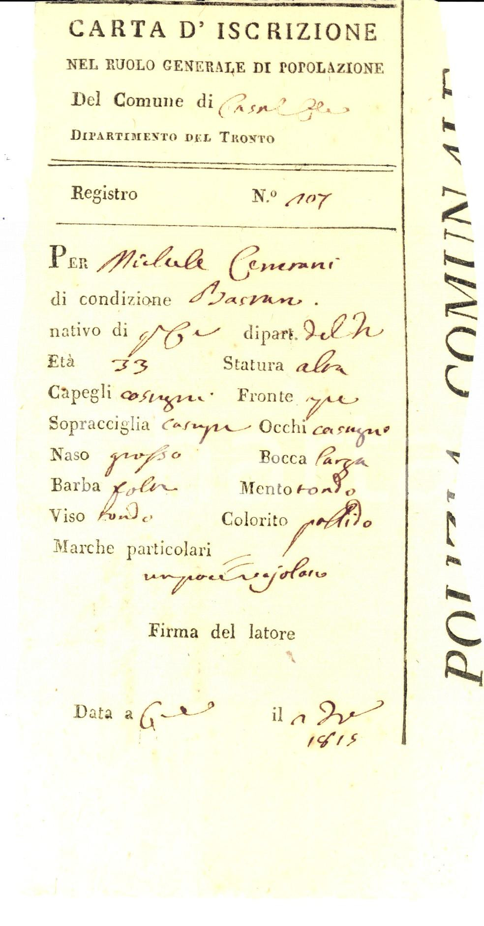 Documento originale, autentico 1815 DIPARTIMENTO DEL TRONTO CASALE Carta iscrizione Michele CERRETANI 1