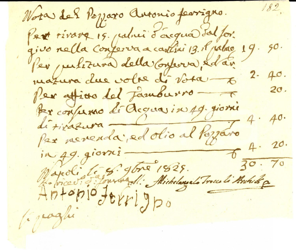 Documento originale, autentico 1825 NAPOLI Conto del pozzaro Antonio FERRIGNO per tirare acqua dal sorgivo 1