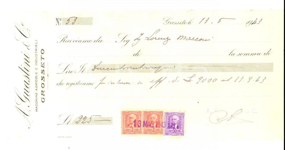 Documento originale, autentico 1943 GROSSETO Ditta A. GUASTINI & C. Macchine agricole e industriali Ricevuta 1