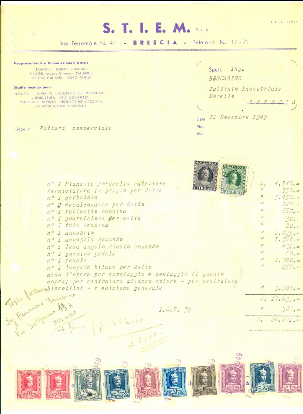 Documento originale, autentico 1949 BRESCIA Ditta S. T. I. E. M.  Fattura per materiale meccanico Bolli 1