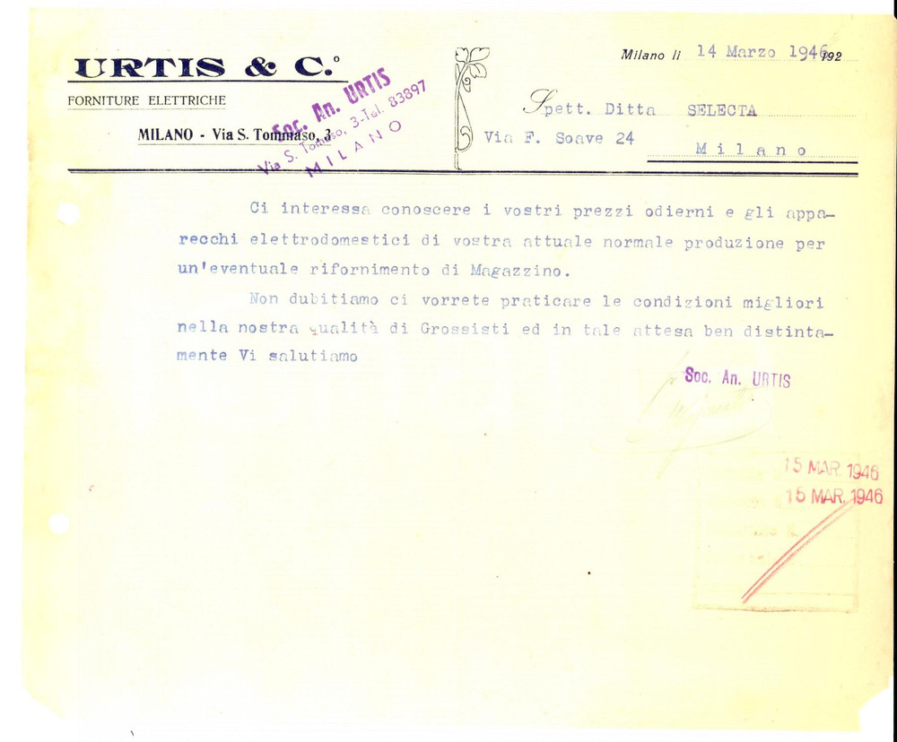 Documento originale, autentico 1946 MILANO Via San Tommaso 3 Ditta URTIS & C. Forniture elettriche Lettera 1