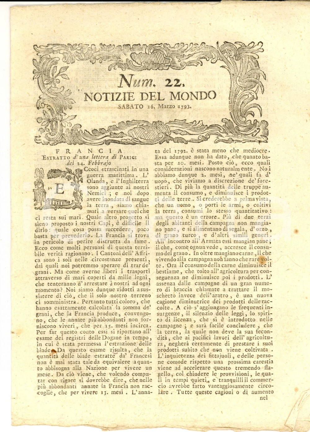 Giornale, rivista storica 1793 NOTIZIE DEL MONDO Francia trascinata in guerra marittima Gazzetta n° 22 1