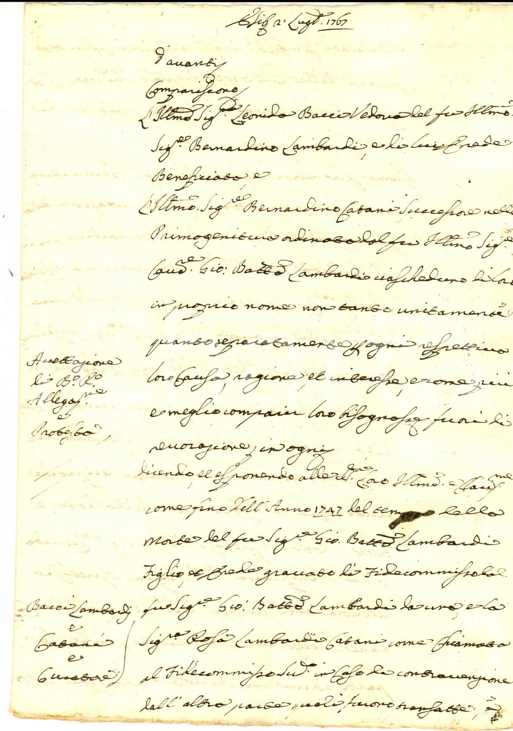 Documento originale, autentico 1767 AREZZO Sul fedecommesso di Giovanni Battista LOMBARDI Manoscritto 8 pp. 1