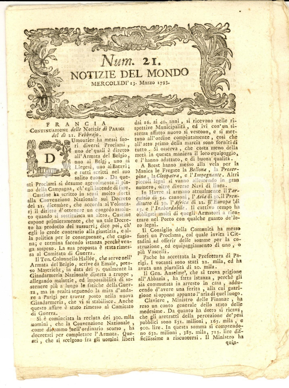 Giornale, rivista storica 1793 NOTIZIE DEL MONDO Francia recluta uomini per l Armata Gazzetta n° 21 1