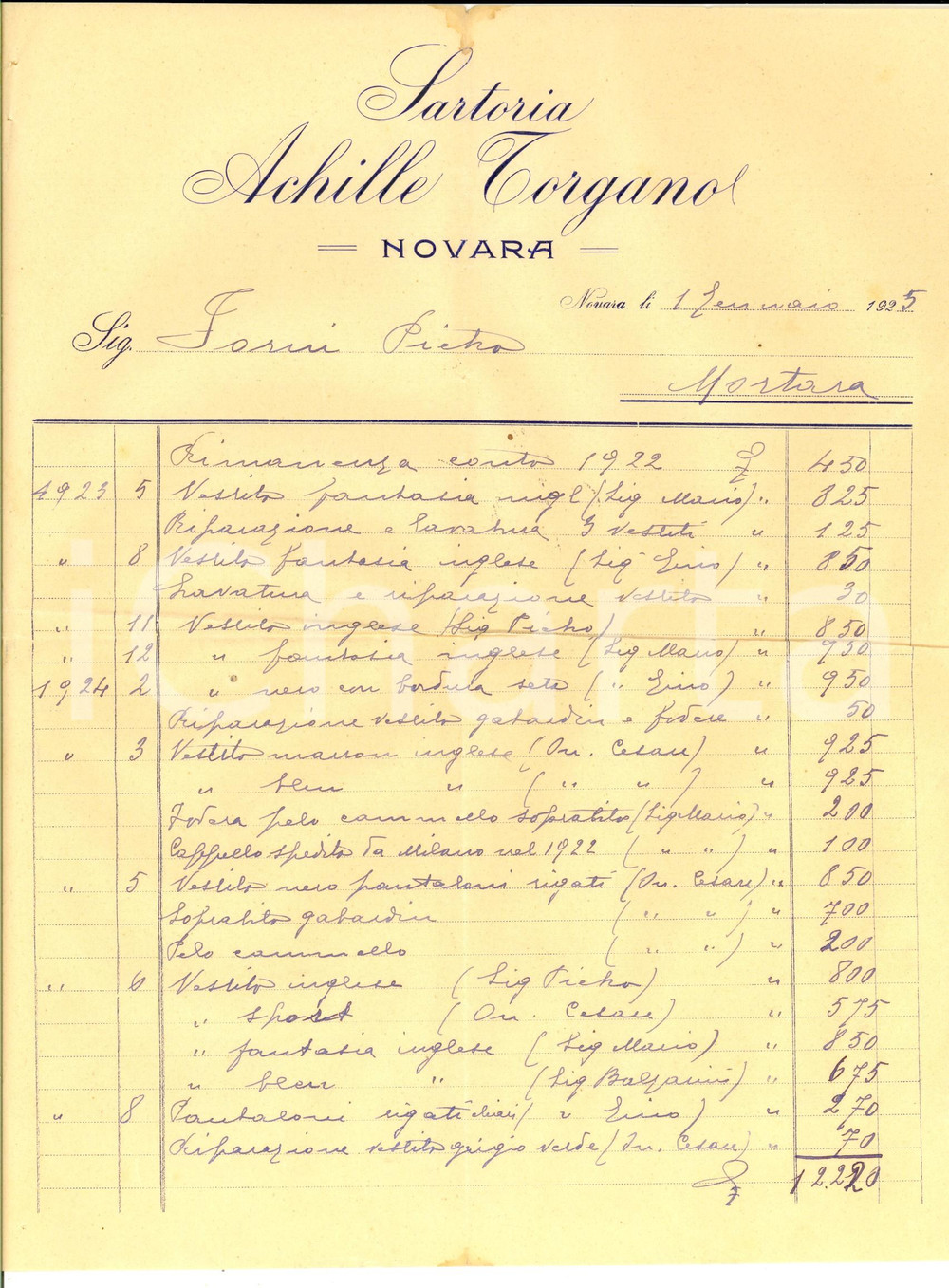 Manoscritto, lettera originale 1925 NOVARA Sartoria Achille TORGANO Conto manoscritto per vestiti vari 1