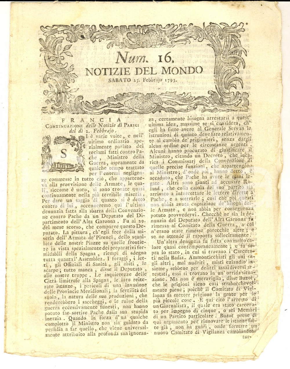 Giornale, rivista storica 1793 NOTIZIE DEL MONDO Reclami contro PACHE e pensione a GOLDONI Gazzetta n° 16 1