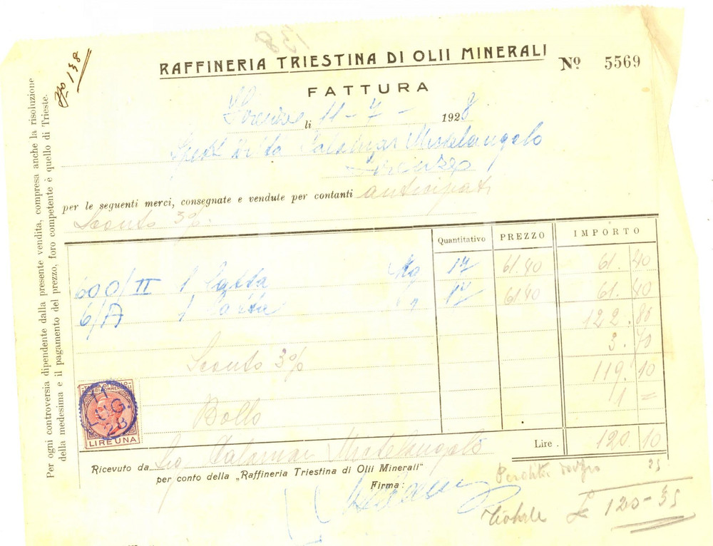 Documento originale, autentico 1928 FIRENZE Raffineria TRIESTINA di olii minerali Fattura su velina 1