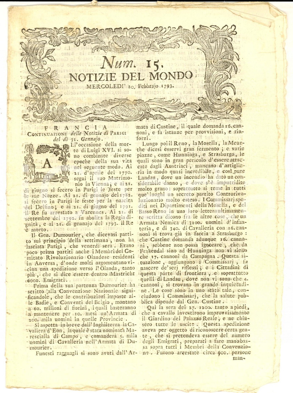 Giornale, rivista storica 1793 NOTIZIE DEL MONDO La Francia si prepara alla guerra Gazzetta n° 15 1