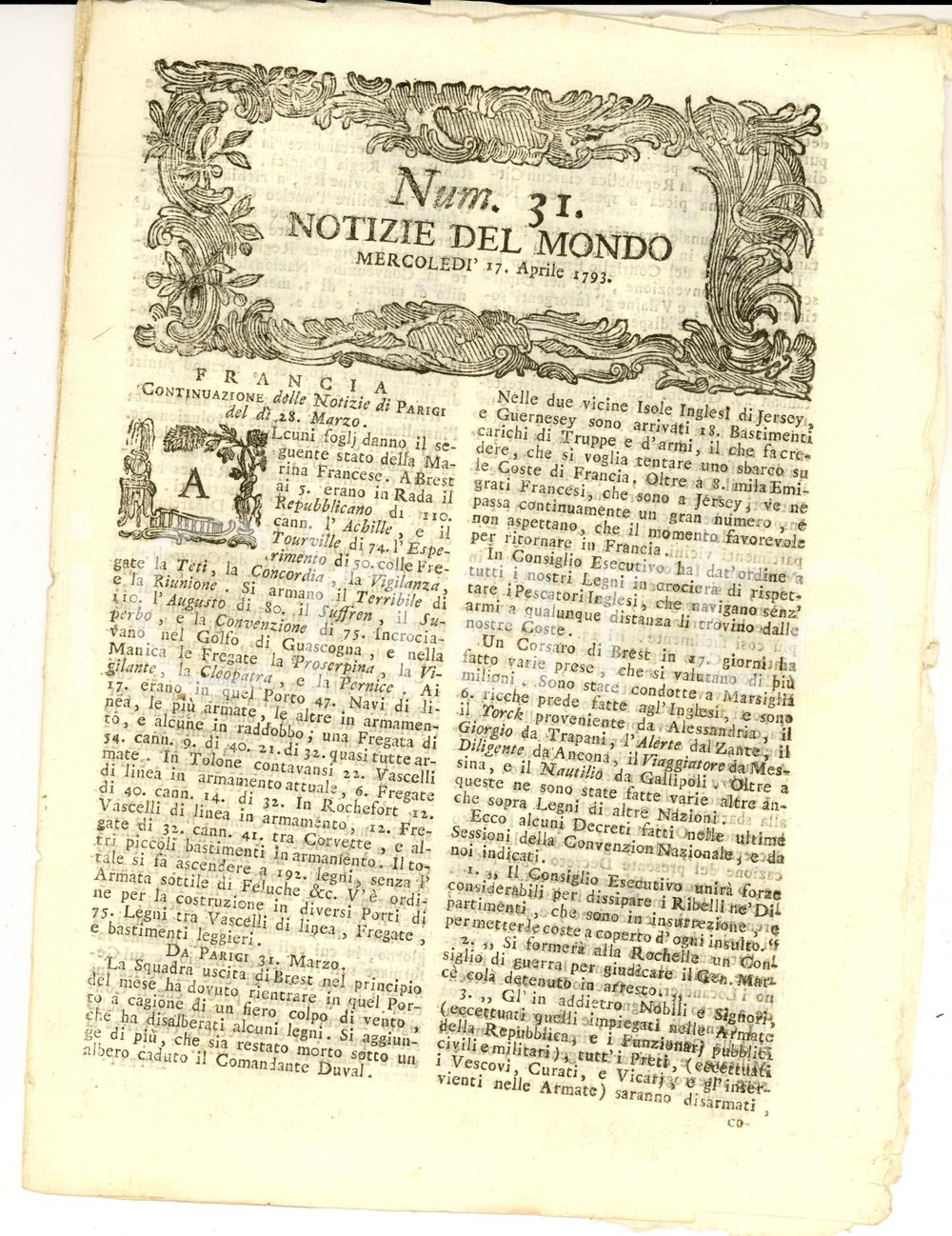 Giornale, rivista storica 1793 NOTIZIE DEL MONDO Armamenti Marina francese Gazzetta RIVOLUZIONE n° 31 1