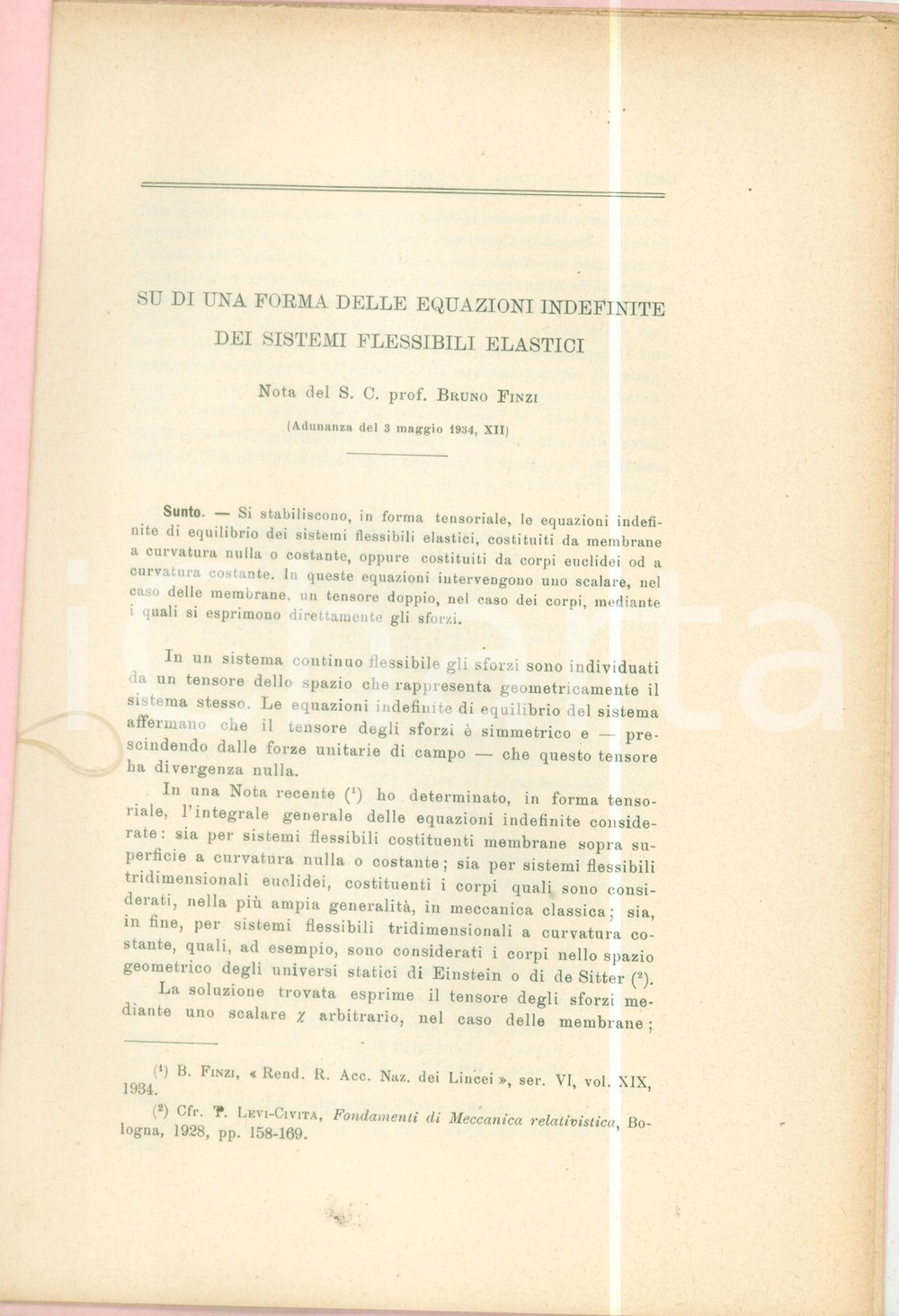 Libro, pubblicazione d epoca 1934 Bruno FINZI Equazioni indefinite sistemi flessibili elastici Pubblicazione 1