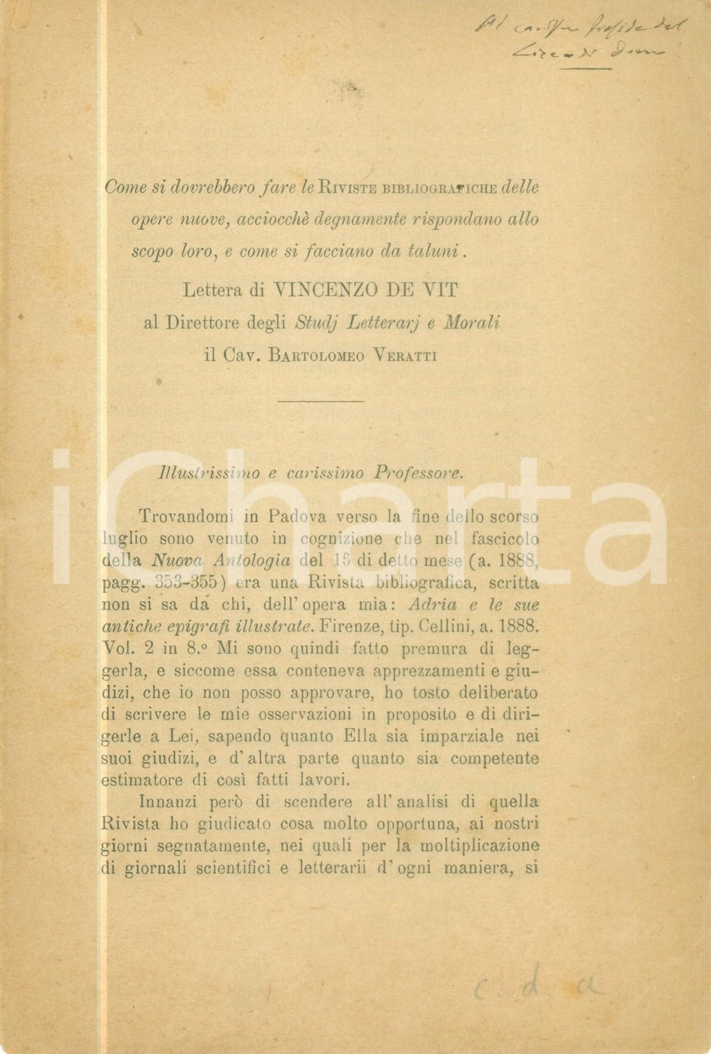 Libro, pubblicazione d epoca 1888 Vincenzo DE VIT Come si dovrebbero fare le riviste bibliografiche 1
