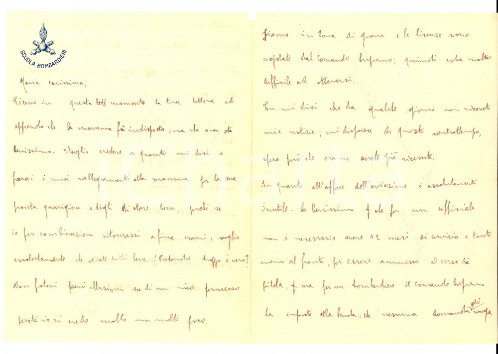 Manoscritto, lettera originale 1917 SCUOLA BOMBARDIERI Lettera di un giovane ufficiale sulla carriera militare 1