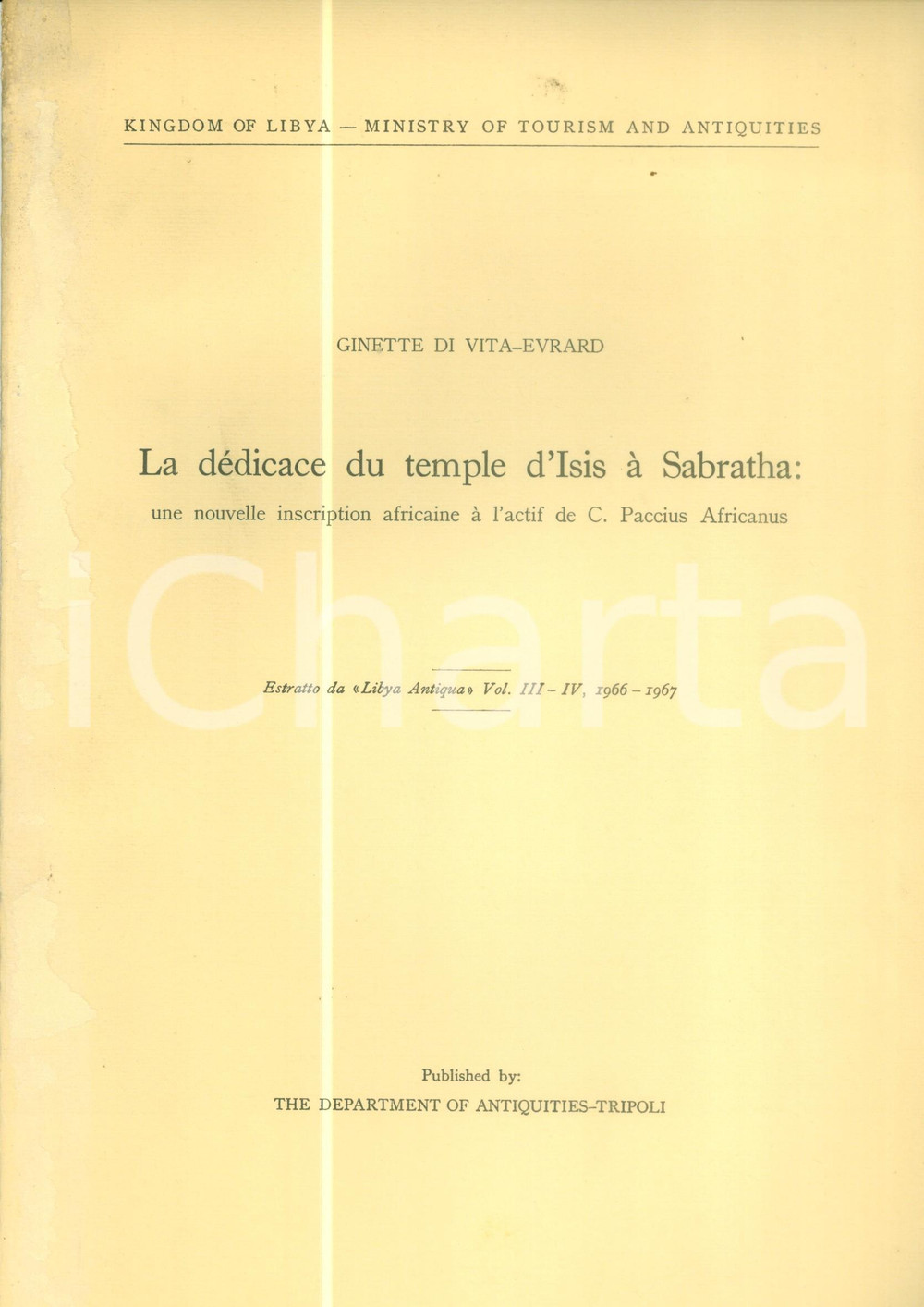 Libro, pubblicazione d epoca 1966 Ginette DI VITAEVRARD La dÃ©dicace du temple d ISIS Ã  SABRATHA 1