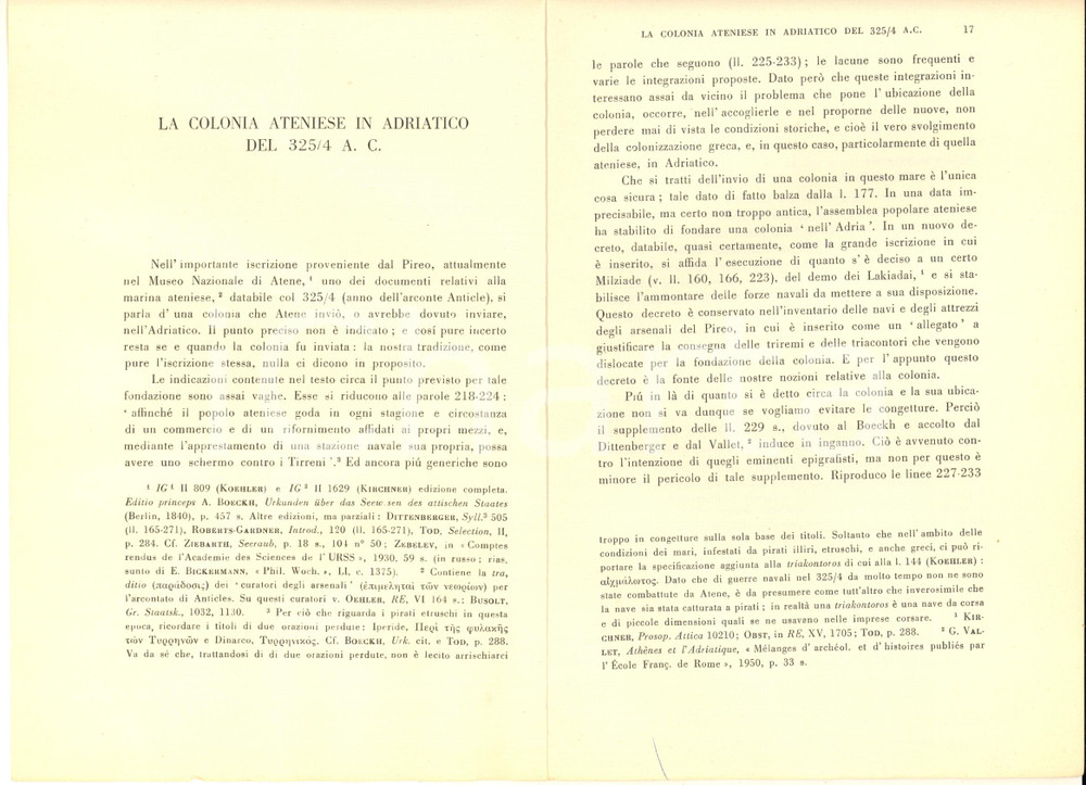 Libro, pubblicazione d epoca 1954 Alberto GITTI La colonia ateniese in ADRIATICO del 325/4 a.C. 1