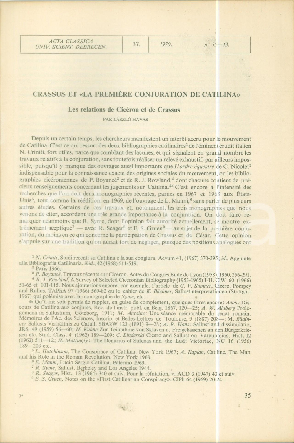 1970 Laszlo HAVAS Crassus et la première conjuration de CATILINA *Pubblicazion10