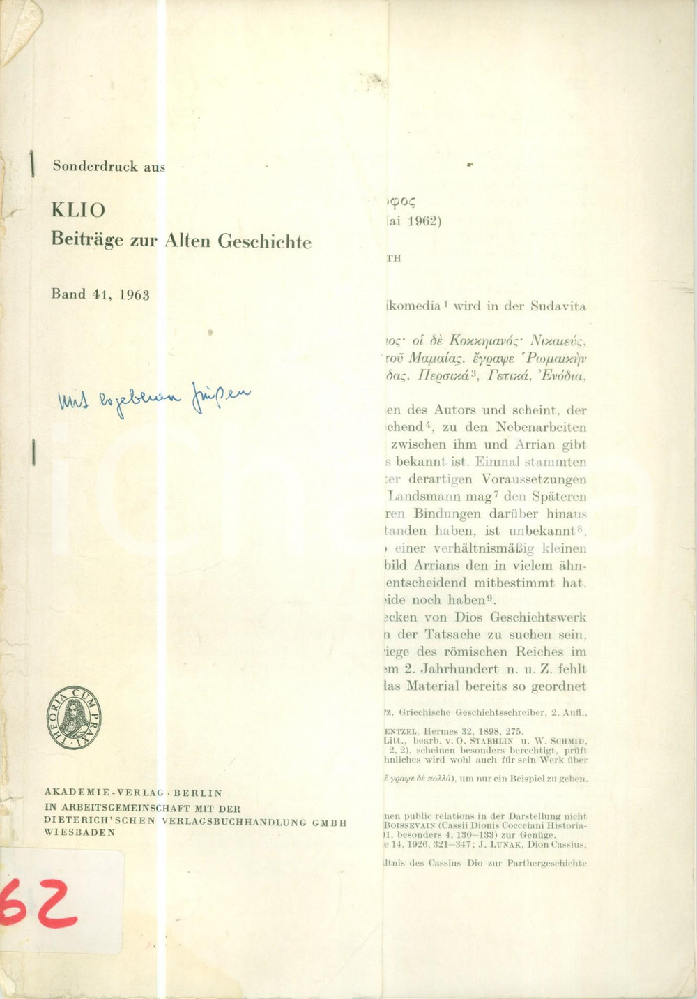 Libro, pubblicazione d epoca 1963 Gerhard WIRTH Arriano il filosofo Pubblicazione con dedica AUTOGRAFA 1