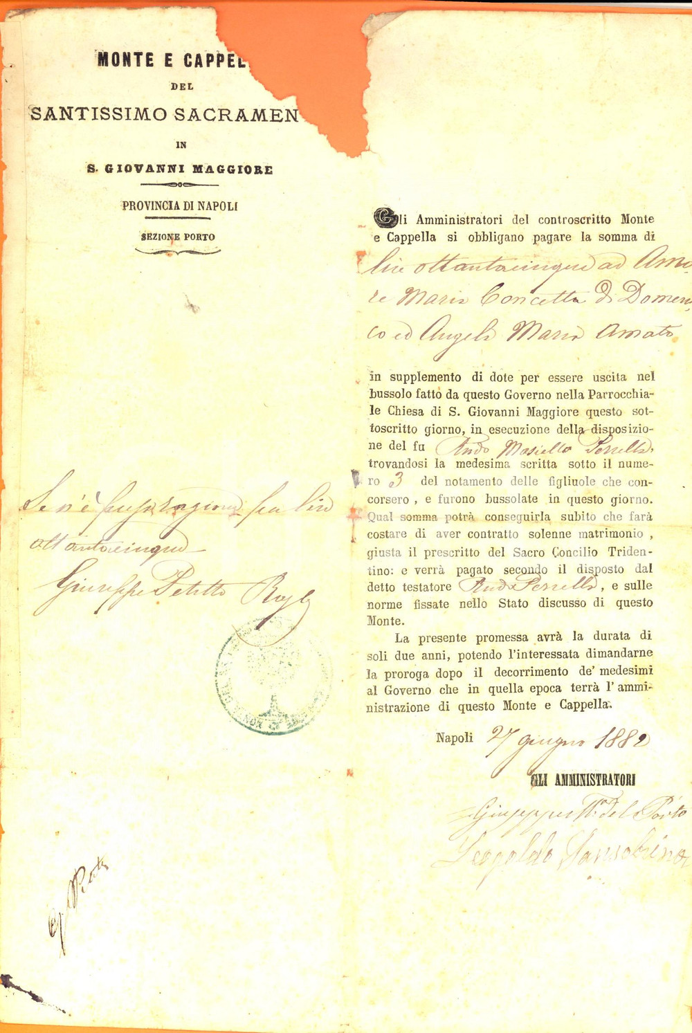 Documento originale, autentico 1880 NAPOLI Monte SS. SACRAMENTO  Dote a Maria Concetta AMORE bussolata 1