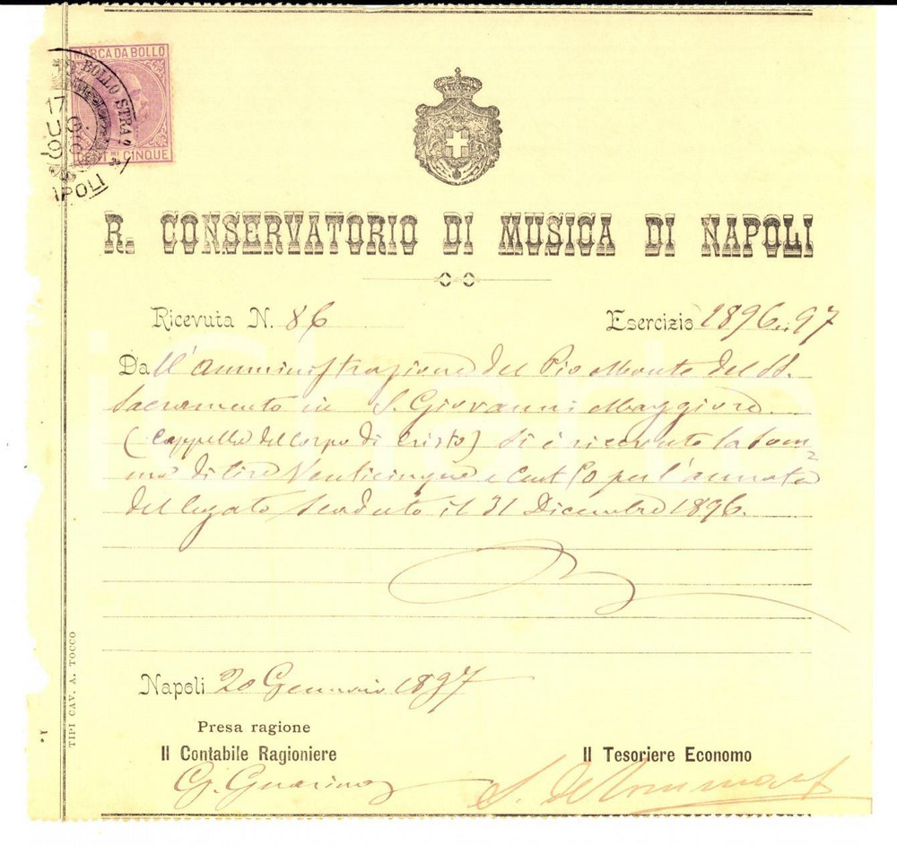 Documento originale, autentico 1897 NAPOLI Regio CONSERVATORIO di Musica  Ricevuta per legato 1