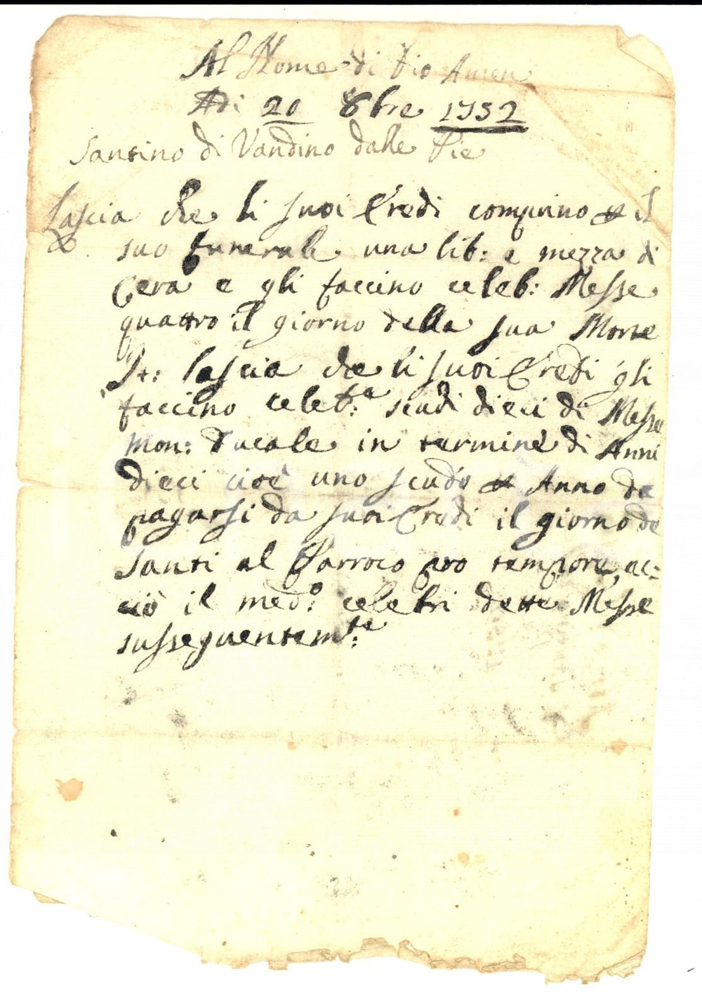 Documento originale, autentico 1752 VILLA DELLE PIE PU Santino di Vandino dispone del proprio funerale 1