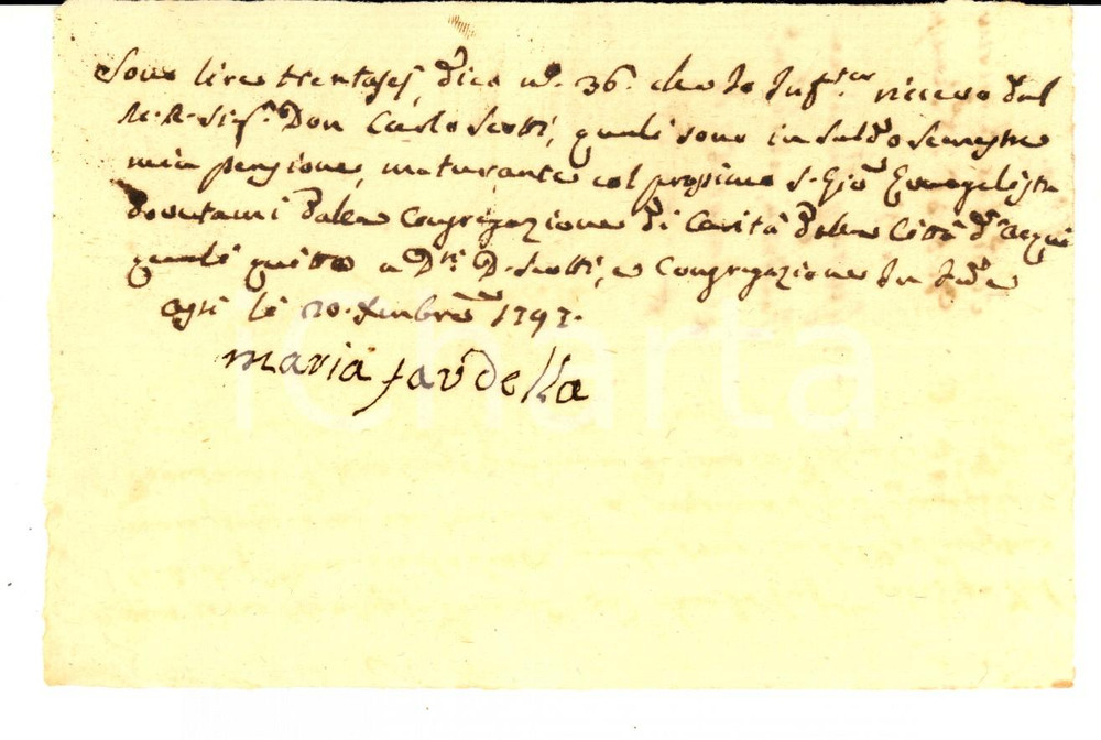 Documento originale, autentico 1797 ASTI Ricevuta Maria FARDELLA al rev. don Carlo SCOTTI per pensione 1