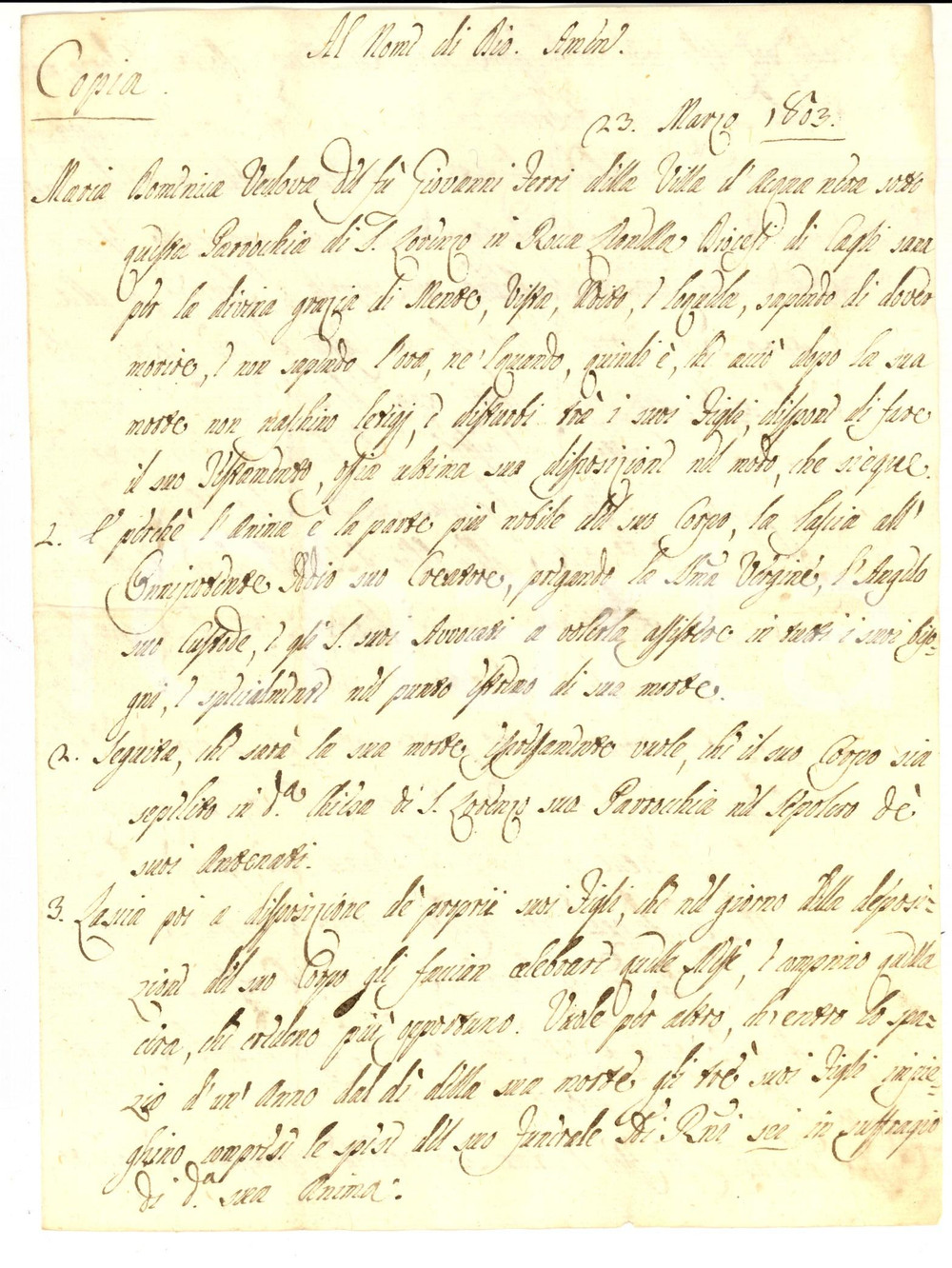Documento originale, autentico 1803 ACQUANERA PU Testamento vedova Domenica FERRI pro figli Manoscritto 1