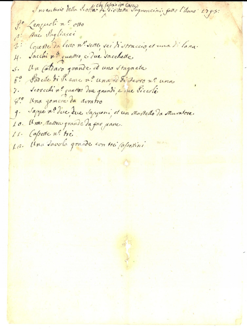 Documento originale, autentico 1793 AREA DI PESARO  Inventario beni nella casa di Giovanni Battista PAGNONCINI 1
