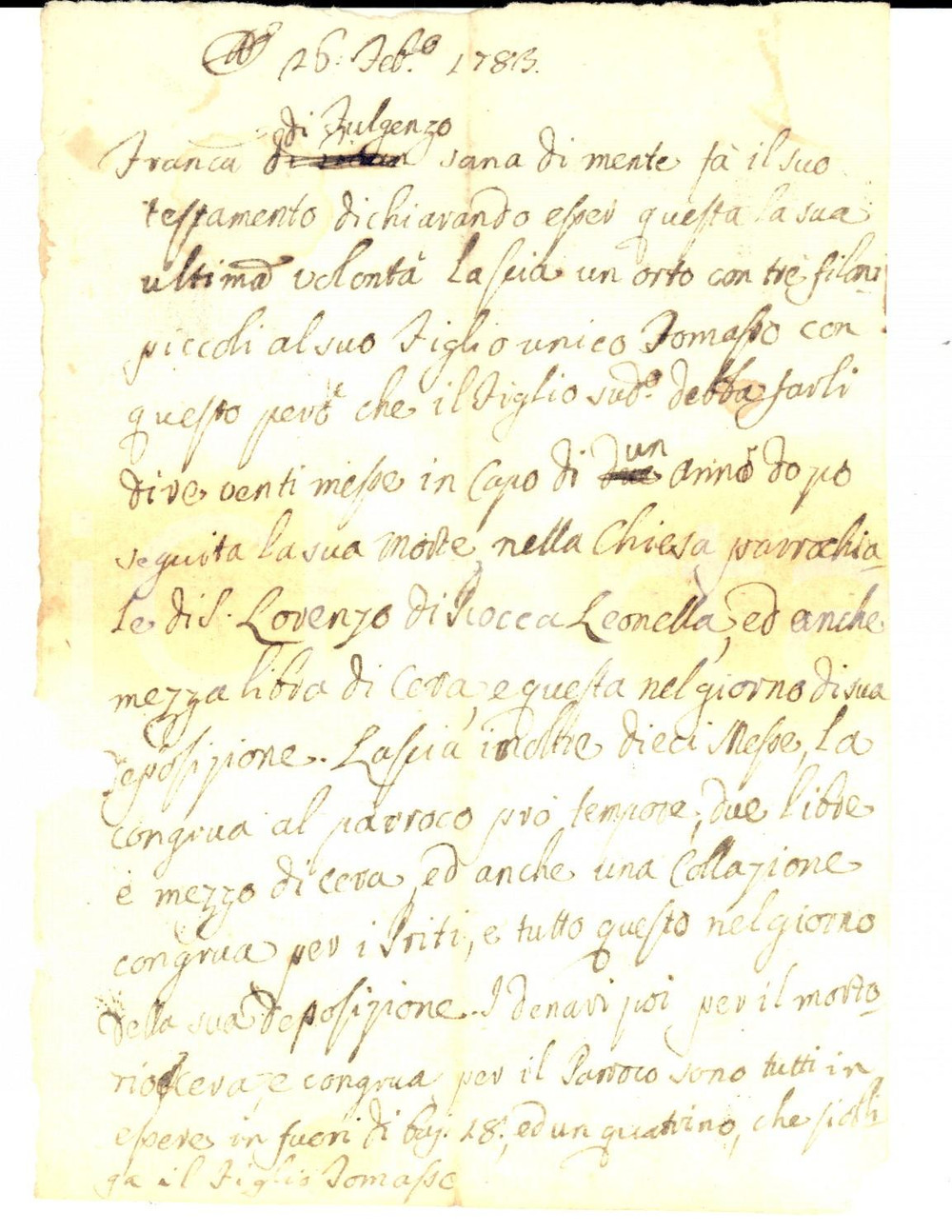 Documento originale, autentico 1783 ROCCA LEONELLA PU Testamento di Francesca di Fulgenzo Manoscritto 1
