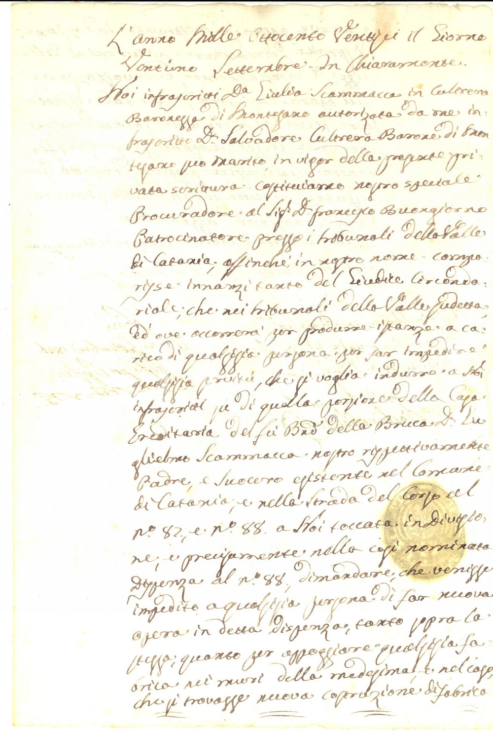 Documento originale, autentico 1826 CHIARAMONTE GULFI Procura baronessa Giulia SCAMMACCA a Francesco BUONGIORNO 1