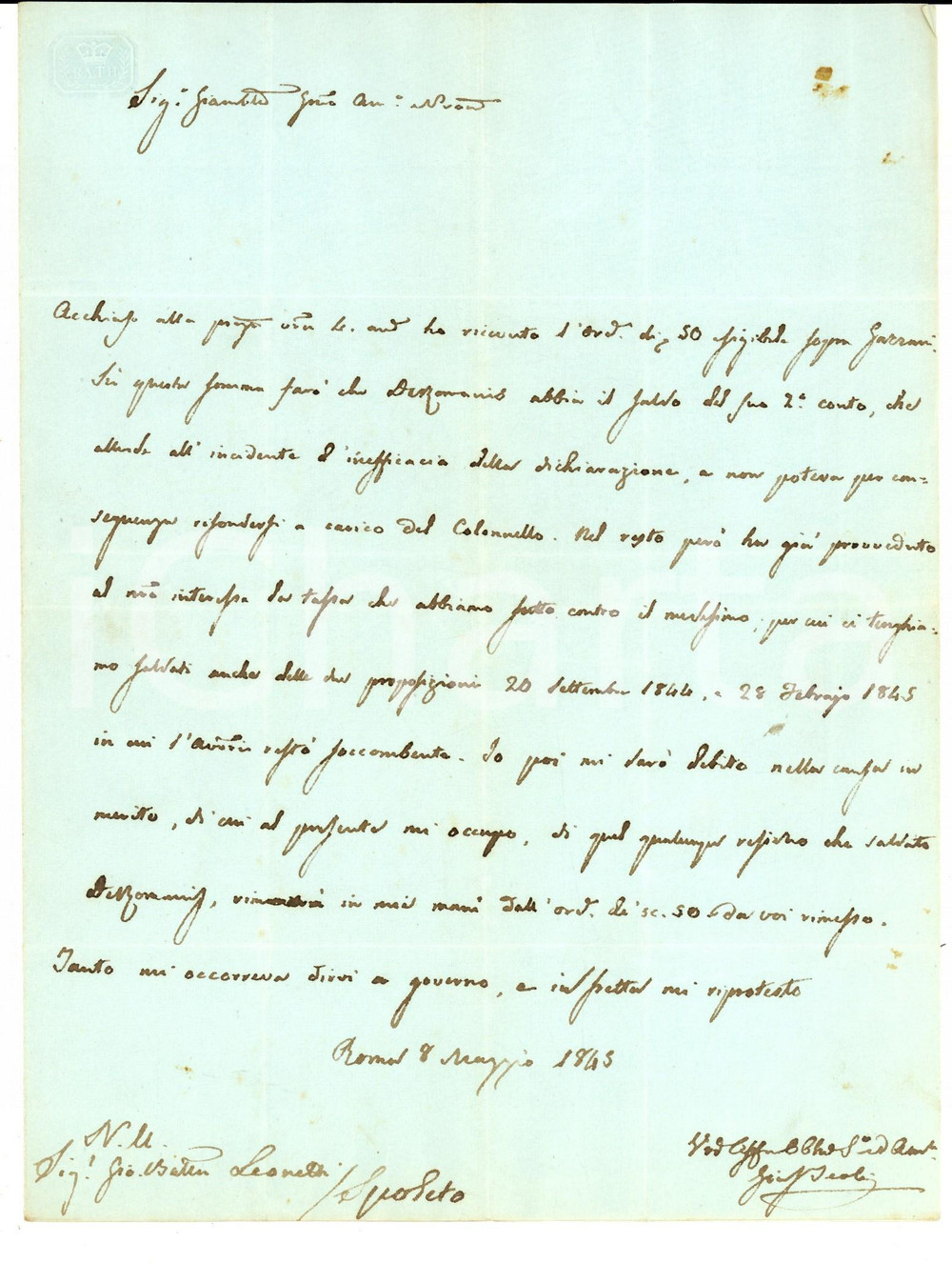 Manoscritto, lettera originale 1845 ROMA Giuseppe TEOLI fiducioso nel buon esito di una causa Lettera 1