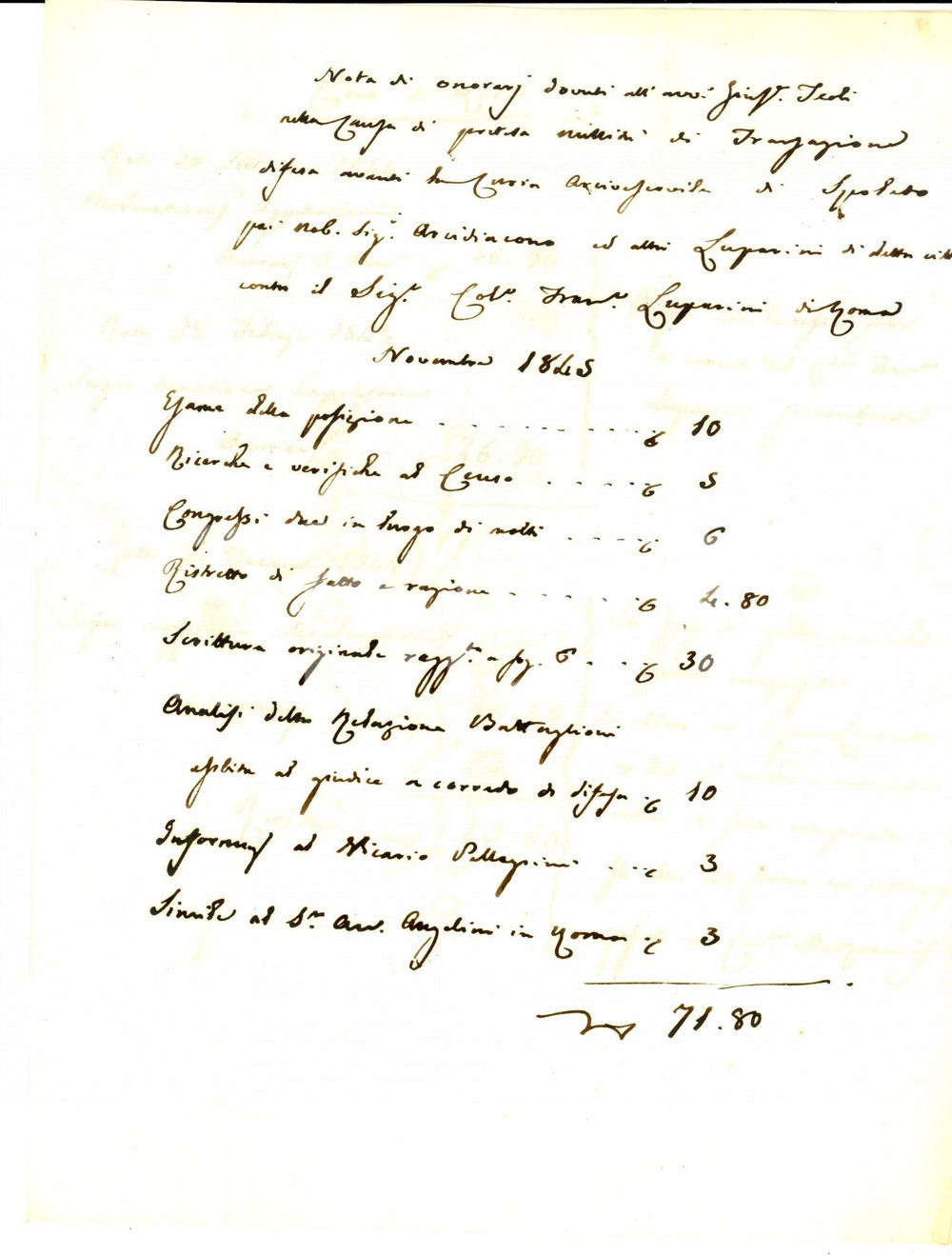 Manoscritto, lettera originale 1845 ROMA Nota onorari dovuti all avvocato Giuseppe TEOLI causa pretesa nullitÃ  1