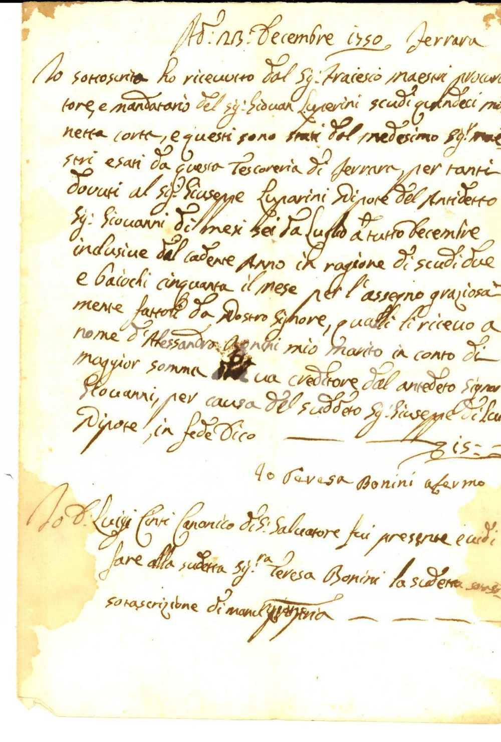Documento originale, autentico 1750 FERRARA Ricevuta di Teresa BONINI per conto del marito Alessandro RONCHI 1