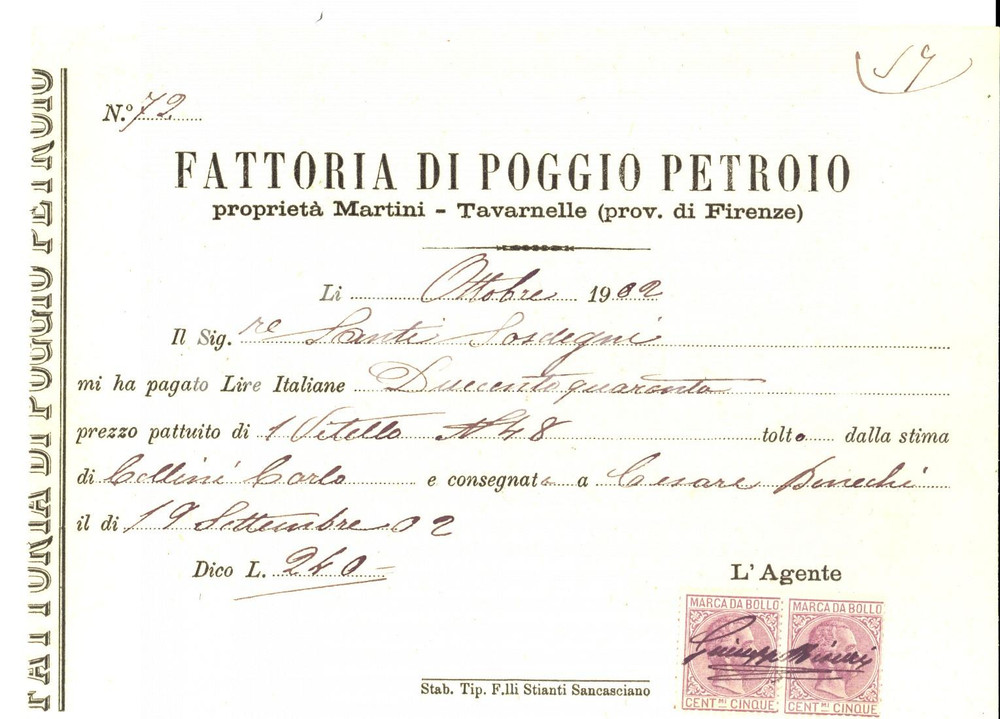 Documento originale, autentico 1902 TAVARNELLE VAL DI PESA Fattoria POGGIO PETROIO Ricevuta per vitello 1