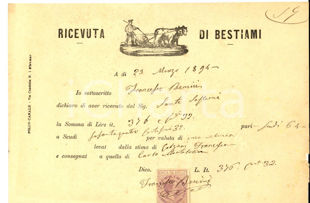 Documento originale, autentico 1894 FIRENZE ? Ricevuta di bestiami  Francesco BENINI a Sante SOSTENNI 1