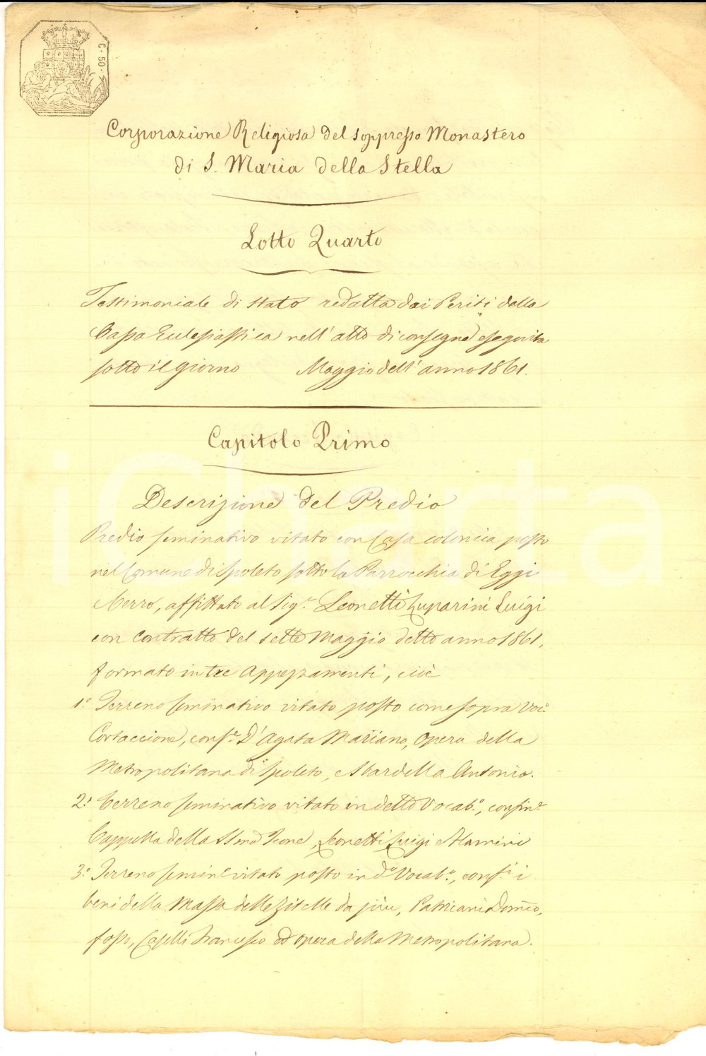 Documento originale, autentico 1861 SPOLETO Testimonio di stato monastero soppresso di SANTA MARIA DELLA STELLA 1