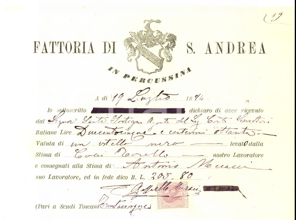 Documento originale, autentico 1884 SANT ANDREA IN PERCUSSINA FI Fattoria FENZI Ricevuta per vitello 1