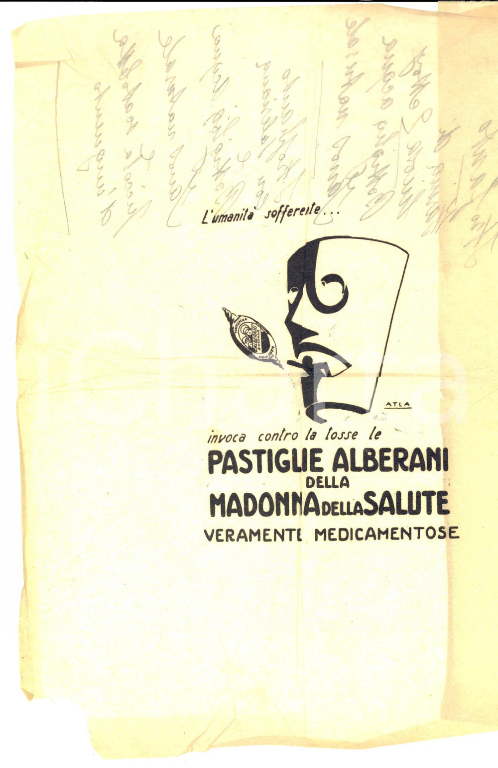 Materiale pubblicitario d’epoca 1940 ca BOLOGNA Pastiglie ALBERANI della MADONNA DELLA SALUTE Farmaceutica 1