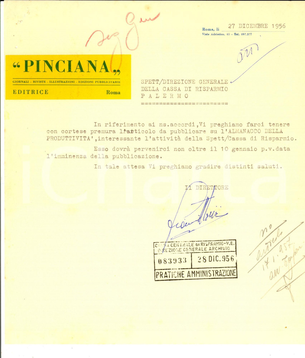 Manoscritto, lettera originale 1956 ROMA Casa Editrice PINCIANA chiede un articolo per la pubblicazione 1
