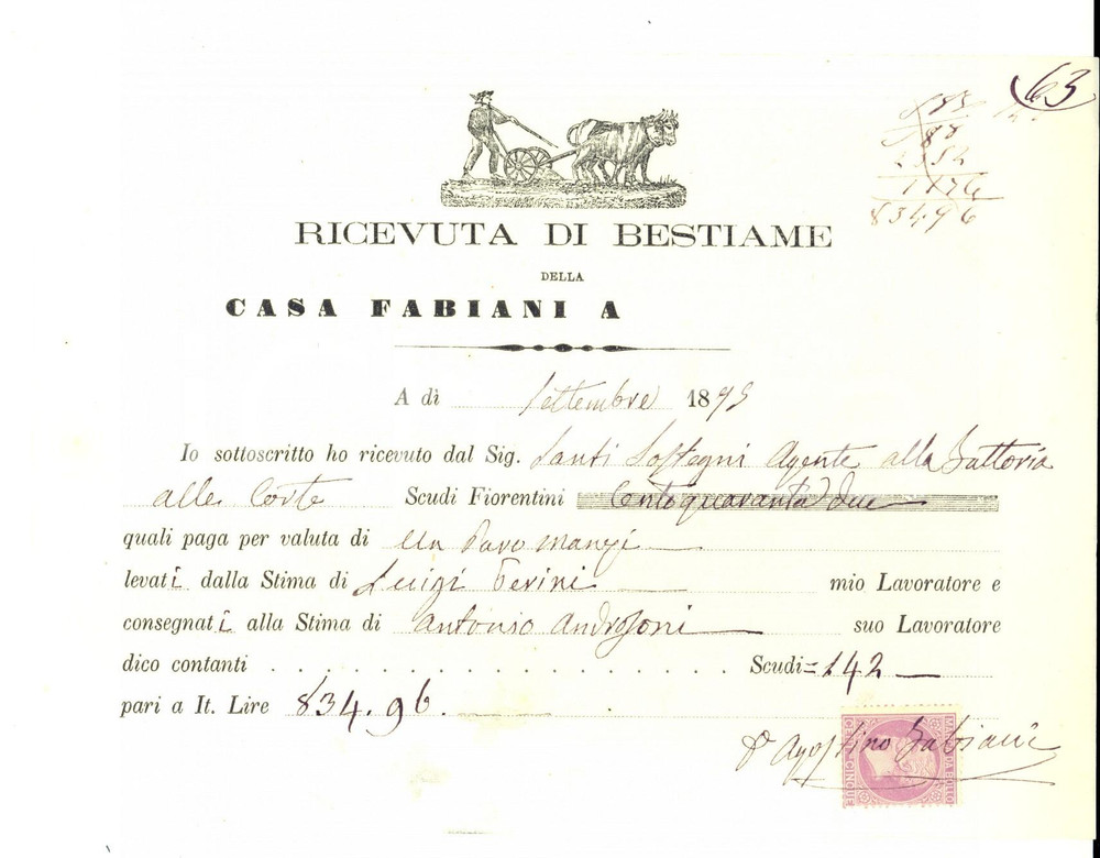 Documento originale, autentico 1875 AREA FIORENTINA Ricevuta di bestiame don Agostino FABIANI  Bolli 1