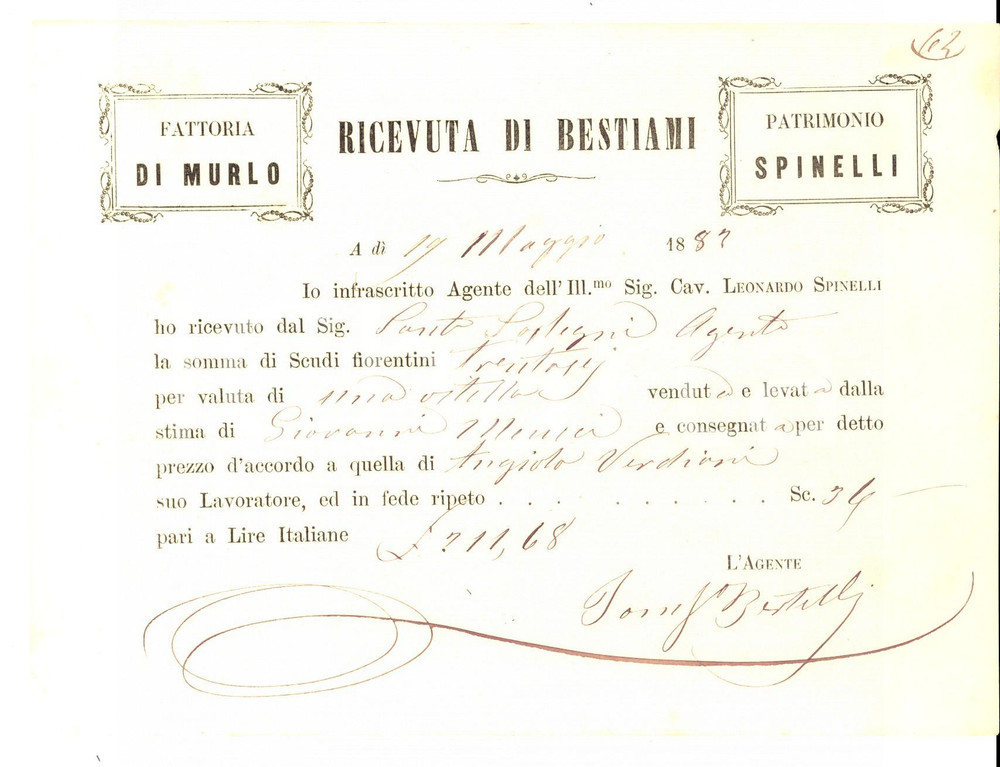 Documento originale, autentico 1887 SAN CASCIANO VAL DI PESA FI VILLA di MURLO  Bestiami Patrimonio SPINELLI 1