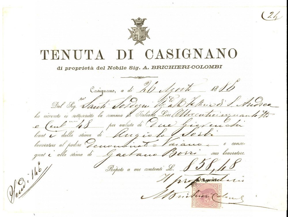 Documento originale, autentico 1886 SCANDICCI FI Tenuta di CASIGNANO Casa BRICHIERICOLOMBI Ricevuta 1