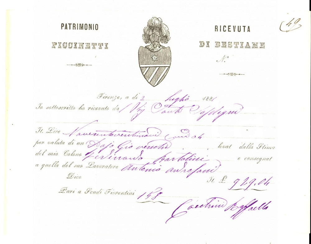 Documento originale, autentico 1881 FIRENZE Ricevuta di bestiame Raffaello COCCHINI  Patrimonio PICCINETTI 1