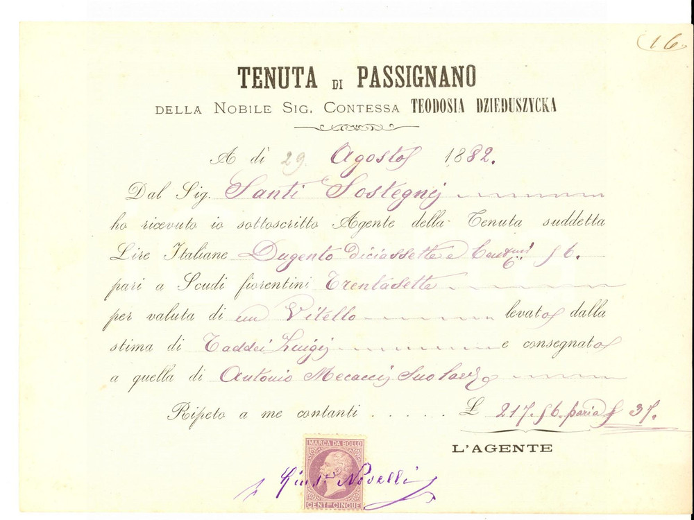 Documento originale, autentico 1882 PASSIGNANO FI Tenuta contessa Teodosia DZIEDUSZYCKA Ricevuta vitello 1