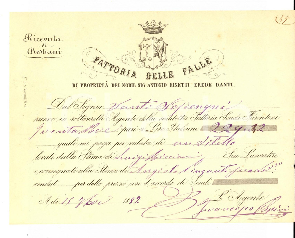 Documento originale, autentico 1882 SAN DONATO A TORRI Fattoria FALLE Antonio FINETTI erede DANTI Ricevuta 1