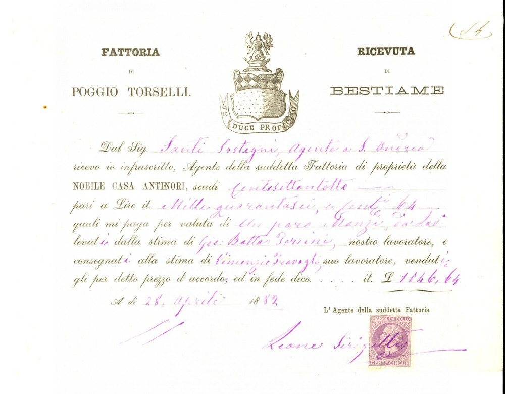 Documento originale, autentico 1882 SAN CASCIANO VAL DI PESA Nota di bestiame  Fattoria POGGIO TORSELLI 1