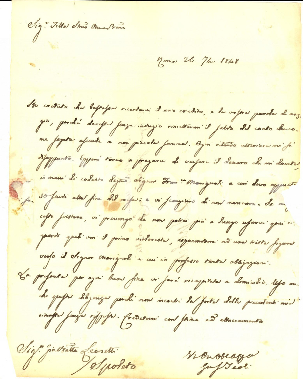 Manoscritto, lettera originale 1848 ROMA Giuseppe TEOLI reclama il denaro dovuto per la propria parcella 1