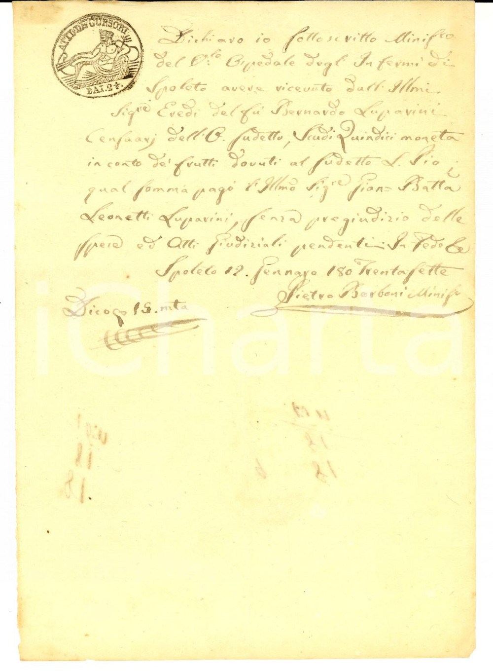 Documento originale, autentico 1837 SPOLETO Ricevuta censi Ospedale degli Infermi Ministro Pietro BORBONI 1