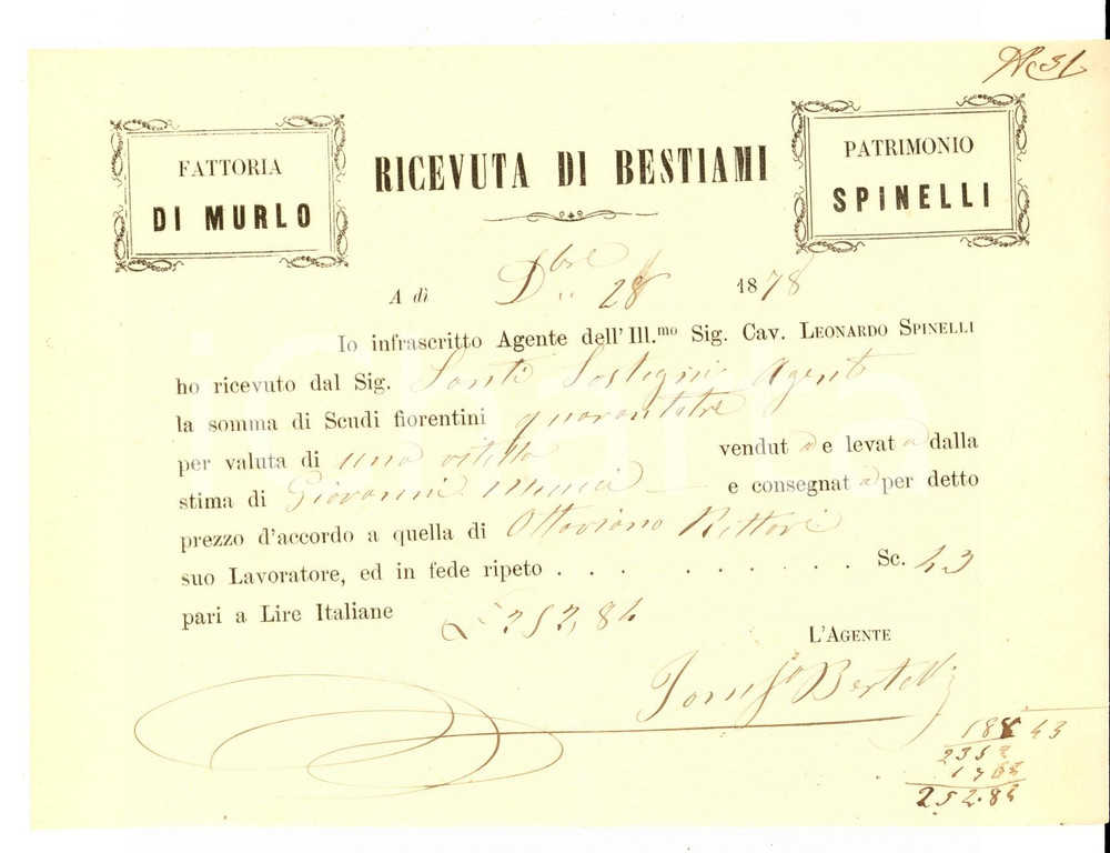 Documento originale, autentico 1878 SAN CASCIANO VAL DI PESA FI VILLA di MURLO  Bestiami Patrimonio SPINELLI 1